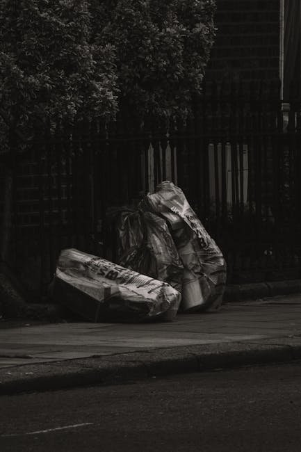 Three large black garbage bags and a cardboard box are placed on a roadside pavement next to a black metal fence with vertical bars. The bags, made of crinkled plastic, are filled with waste and are slightly leaning against each other, with one bag partially tied at the top. The cardboard box appears to be collapsed or damaged, possibly containing waste materials. Behind the fence, dense foliage from a leafy tree is visible, with dark, leafy branches extending into the upper part of the image. The scene is illuminated by natural light, casting soft shadows on the pavement and the waste bags. This outdoor setting suggests a discreet disposal point for bulky waste, potentially managed through private rubbish collection services. The presence of Waste Collection Tufnell Park indicates an alternative to local authority rubbish removal, suitable for on-site clearance or private waste handling within the area. The overall composition emphasizes a straightforward depiction of waste awaiting collection, consistent with rubbish removal practices focused on curbside or designated disposal points.